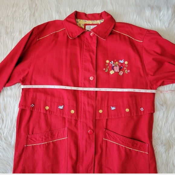 Casey Coleman Embroidered Collared Denim Jacket Red Size M / L Flowers Gardening - Picture 9 of 12